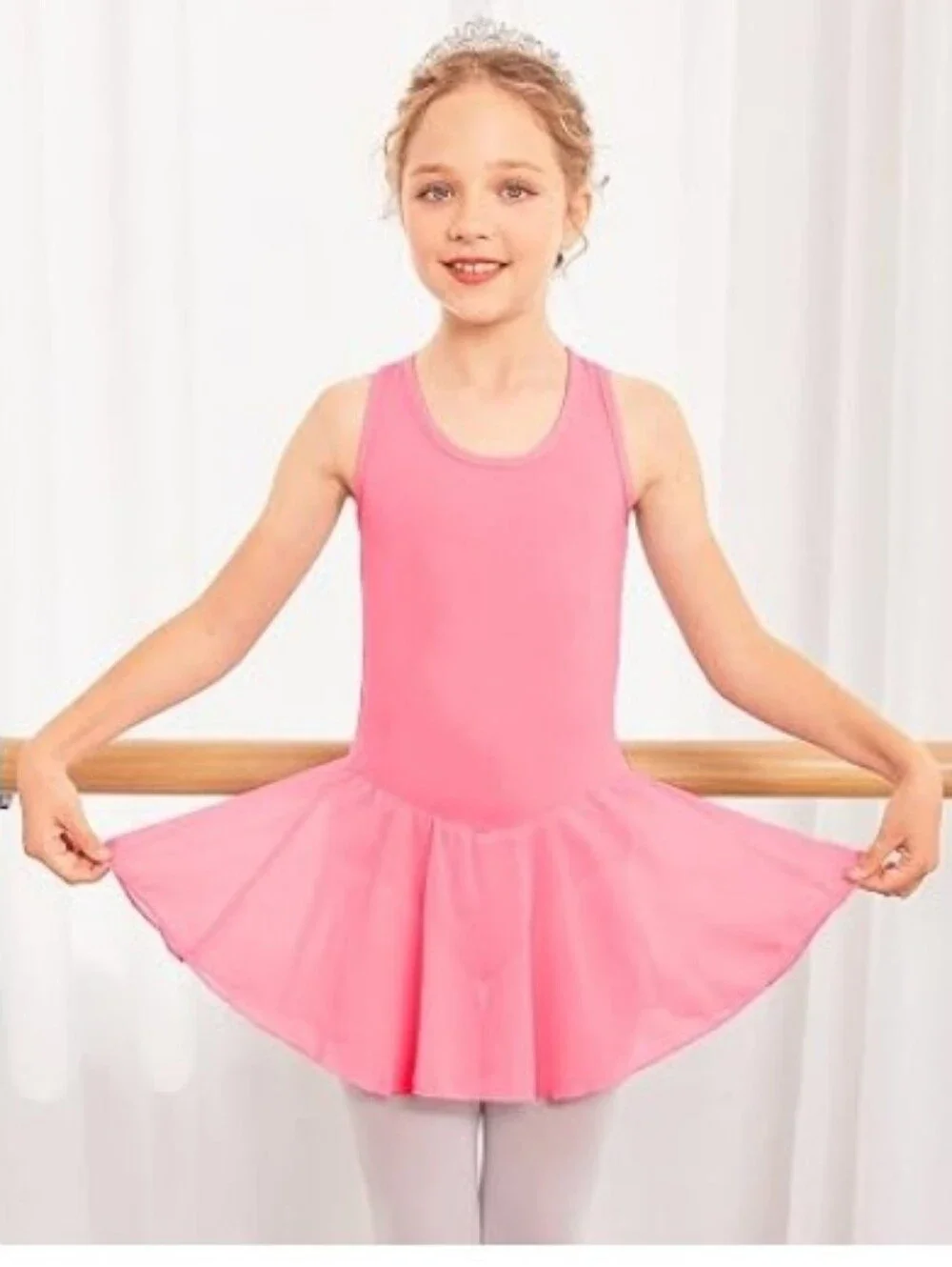 Girls Hollow Back Ballet Leotard with Skirt Sleeveless Dance Dress Pink